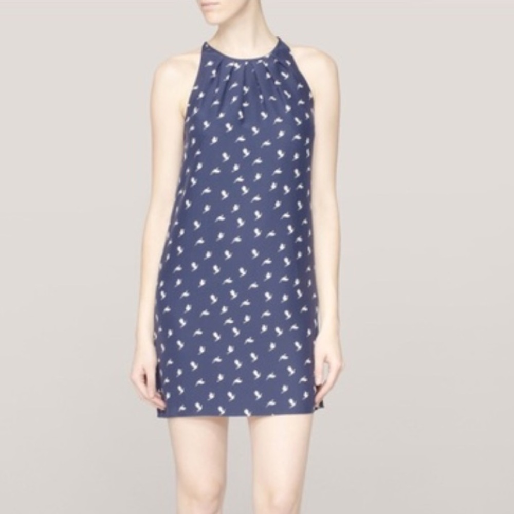 Theory Blue Bird Print Charlaine Silk Dress 6 Sleeveless Elegant Spring Summer